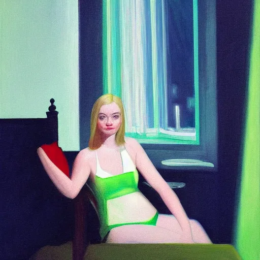 Image similar to painting of Elle Fanning in a dark hotel room with the lights off, neon lighting from outside shining in, by Edward Hopper