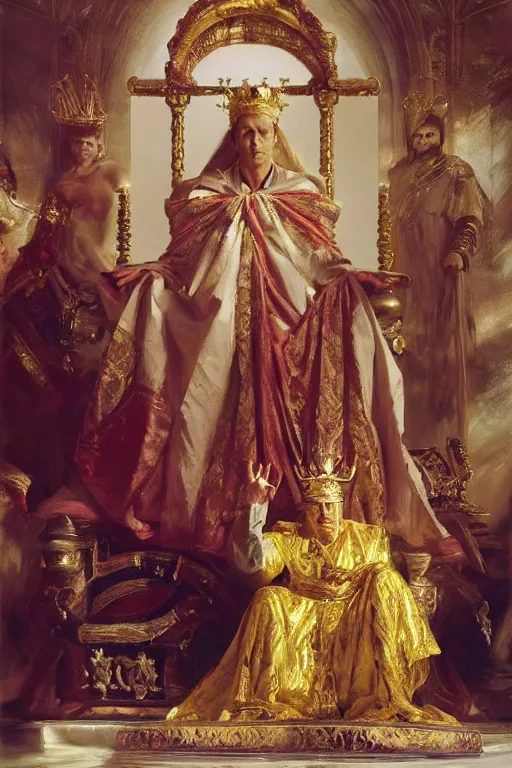 Image similar to beautiful portrait oil painting, steve buscemi wearing a golden wreath crown in royal crimson robes enthroned as the god emperor of ancient rome, mid - shot, by anders zorn, wonderful masterpiece by greg rutkowski, beautiful cinematic light, american romanticism, by thomas lawrence, greg rutkowski