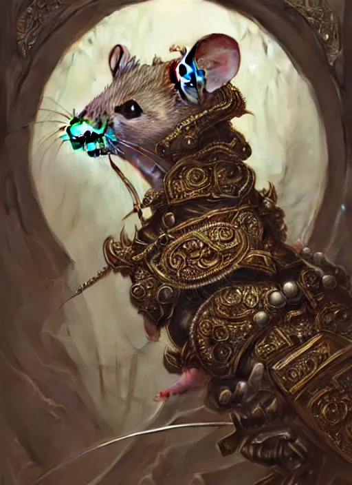 Image similar to symmetry!! portrait of a pet rat wearing detailed ornate armor, intricate, elegant, highly detailed, my rendition, digital painting, behance, concept art, smooth, sharp focus, illustration, art by artgerm and greg rutkowski and alphonse mucha and huang guangjian and gil elvgren and sachin teng