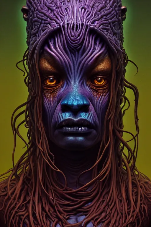 Image similar to portrait of a sad bioluminescent tribal creature, intense expression, highly detailed, asymmetrical artwork, cinematic, hyperrealism, art by zdzisław beksinski and stanley lau and artgerm and magali villeneuve and alphonse mucha, artstation, octane render, unreal engine, 8 k, aperture f 1. 2