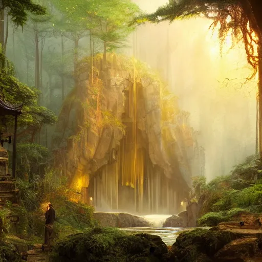 Prompt: a beautiful picture of secret waterfall temple in the forest, indiana jones, mystical, palace, monk meditate, golden ratio, perfect symmetrical, greg rutkowski, thomas kinkade, artstation