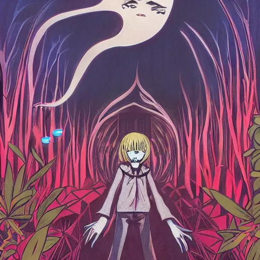 Image similar to Vampire traveling through a beautiful psychedelic world, horror, illustrated by Hayao Miyazaki, trending on artstation