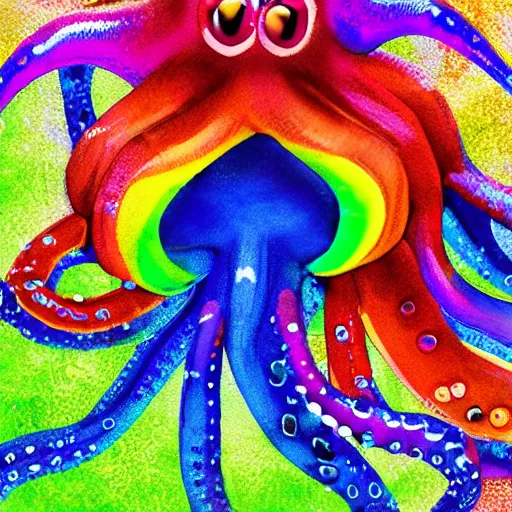 Prompt: a high - quality digital painting of a rainbow colored octopus