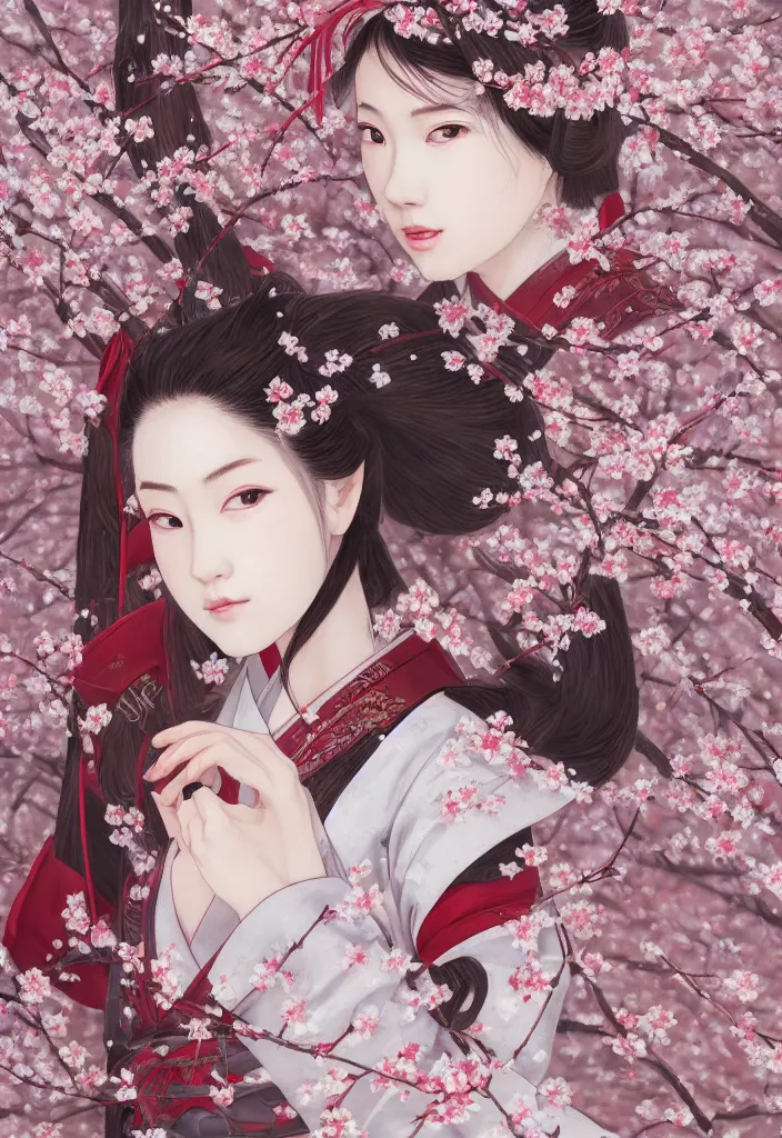 Image similar to detailed portrait of girl samurai in hakama with swords and rifles, in snow forest sakura cherry blossom, taisho roman, by wlop and krenz kushart, elite, elegant, luxury, perfect face, fine details, realistic shaded, fine - face, pretty face