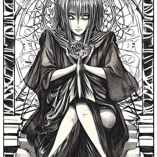 Image similar to precisely drawn illustration of anime spooky high priestess of an earth goddess, old-fashioned tarot card, victorian playing card, sepia tone, wide angle, sharp, fine details, anime, manga, cyberpunk, intense line art, 8k, precise linework, realistic, shaded lighting by katsuhiro otomo ghost-in-the-shell, magali villeneuve, artgerm, rutkowski Jeremy Lipkin and Giuseppe Dangelico Pino and Michael Garmash and Rob Rey