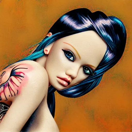 Image similar to photorealistic barbie with tattoos and torn clothes. painting by stanley lau and mc escher masterpiece