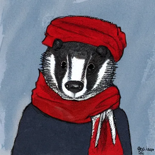 Image similar to badger wearing a scarf, cartoon style