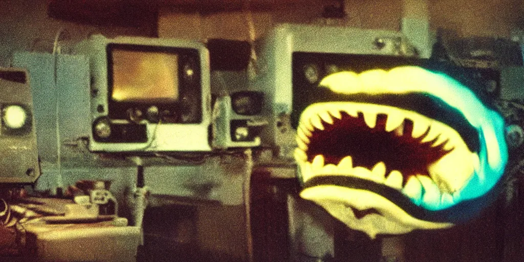 Prompt: a screaming and angry creature with a TV monitor for its head, inside of a 1970s science lab, neon lights, dirty, ektachrome photograph, volumetric lighting, f8 aperture, cinematic Eastman 5384 film