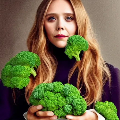 Image similar to elizabeth olsen with a [ [ broccoli face ] ]!!, trending on cgsociety, 4 k quality, intricate