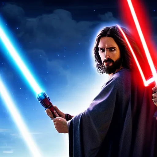 Image similar to jesus christ our lord and savior fighting the sith from star wars, 4 k, high resolution, still, landscape, hd, dslr, hyper realistic