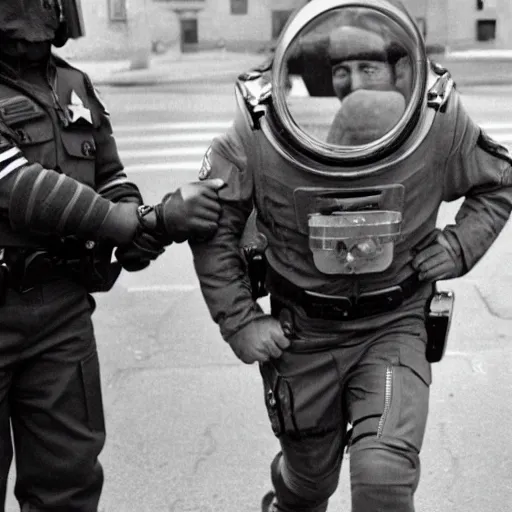 Image similar to a space alien, being arrested by spetsnaz