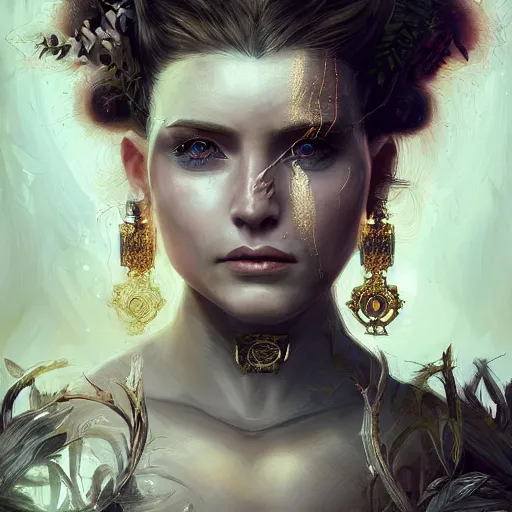 Prompt: character concept art portrait of fantasy female warrior, symmetrical face, beautiful face, shining eyes, crystals, covered in plants, realistic oil painting, baroque, renaissance painting, dramatic, cinematic light, trending on artstation, rule of thirds, highly detailed