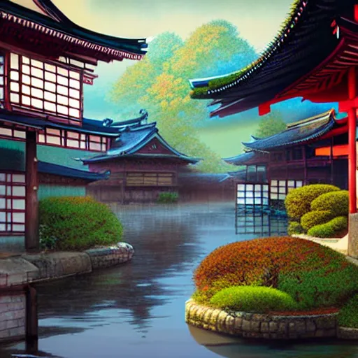 Image similar to old japanese town with garden viewed from harbor, d & d digital painting, ultra realistic, beautiful, volumetric lighting, warm colors advance, cell shading, by james jean, greg rutkowski,