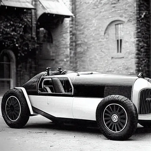 Prompt: a retrofuturist bugatti chiron designed by fantasy dwarves, 1 9 2 0's, 1 9 3 0's,