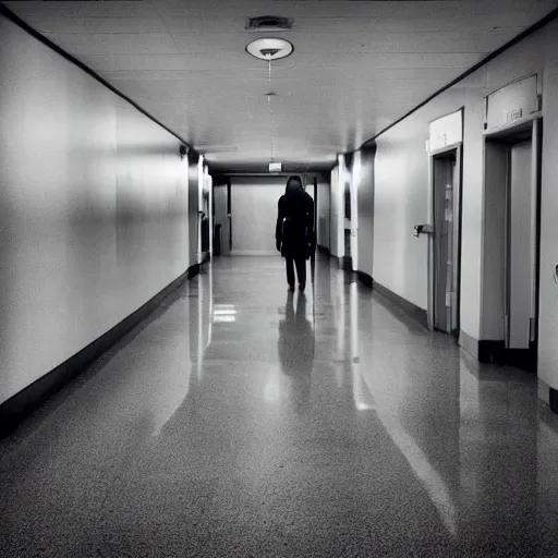 Prompt: hospital hallway, hidden blurry shadow man, eerie, liminal, creepy