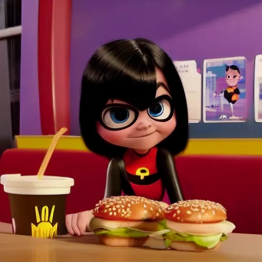 Image similar to violet parr goes to mcdonald in her world in incredibles 2