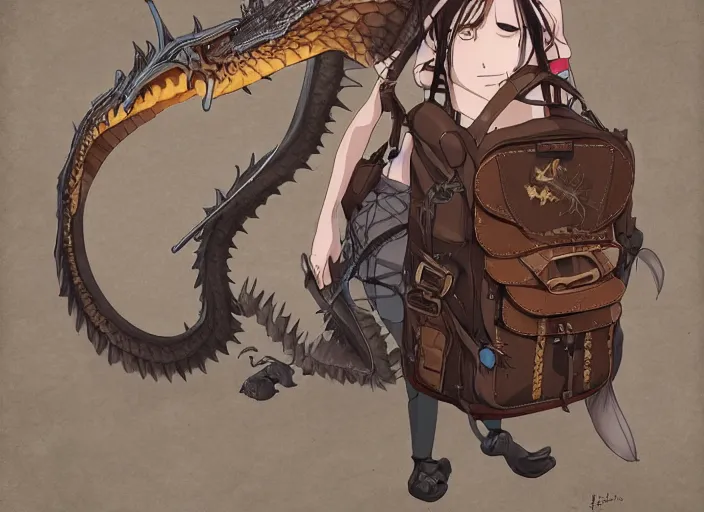 Image similar to real dragon with steam punk backpack, anime, studio ghibli, artgerm, manga, trending on artstation, art nouveau, mature color scheme