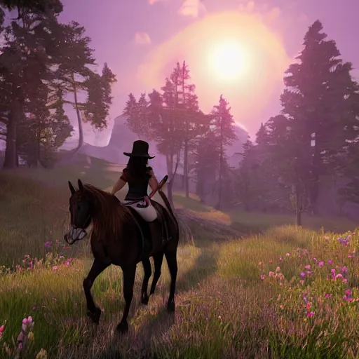 Prompt: The black-haired young witch travels on her horse to the land of dreams, unreal engine 3
