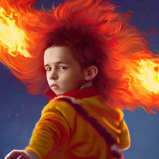 Image similar to colorful and festive captivating young child boy, brown long fluffy hair, wearing red and yellow hero suit, shooting a fire sphere out of his fist. full body, rich vivid colors, ambient lighting, dynamic lighting, 4 k, atmospheric lighting, painted, intricate, highly detailed by charlie bowater