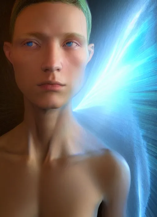 Prompt: portrait ultra dimensional human entity, translucent body, electrical energy condensed to a rapid vibration, ultra high definition, unreal engine 5, hyperrealism, masterpiece composition, by barclay shaw