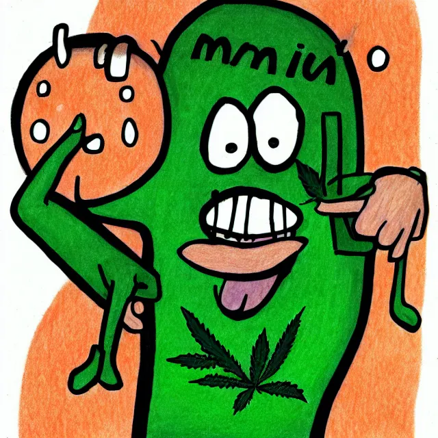 Prompt: smiling cannabis man with arms and legs cartoon, colored pencil illustration