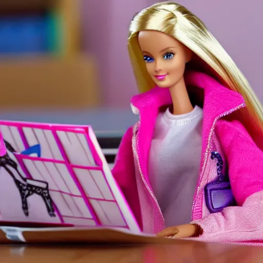 Prompt: a tired!!!!! and sad!!!!! barbie doll sits at a desk in her office. the desk is overflowing!!! with several large stacks!!! of paper that surround!!! her entirely. her head is resting on her hand, photorealistic,