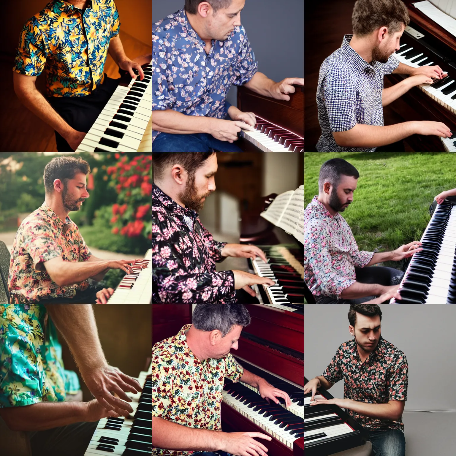 Prompt: man with a flower shirt playing piano, photograph, 4 k, canon