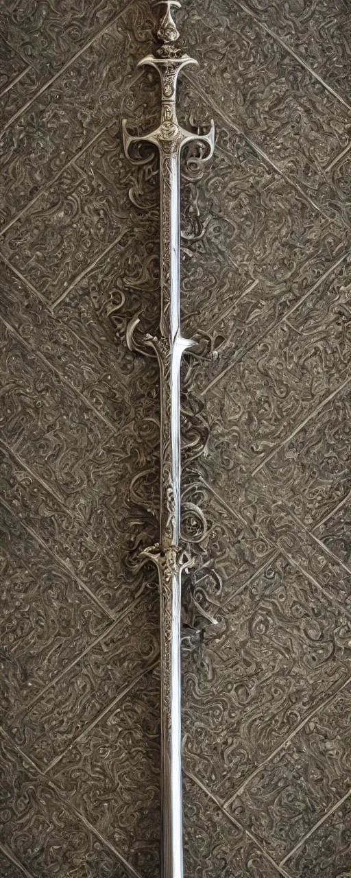 Image similar to sword of justice hanging on a wall, ornate gem in pommel, engraved blade, serrated point, herringbone floor, low angle, museum display