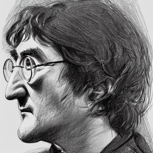 Image similar to a realistic yet scraggly portrait sketch of the side profile of a stern and sophisticated young john lennon, trending on artstation, intricate details, in the style of frank auerbach, in the style of sergio aragones, in the style of martin ansin, in the style of david aja, in the style of mattias adolfsson