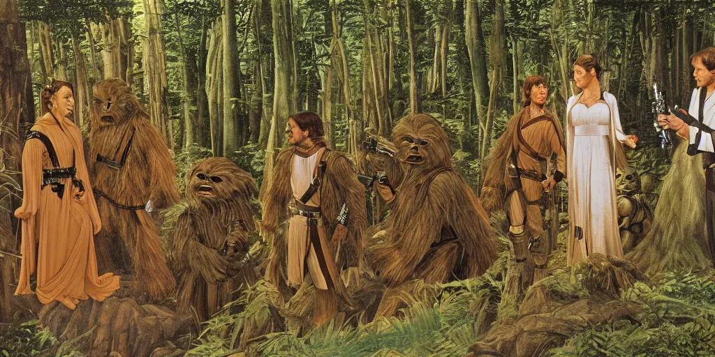 Image similar to luke skywalker, princess leia and han solo meet the ewoks in the forest of endor, in return of the jedi, a masterful painting by sandro botticelli, 4 k