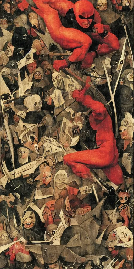 Prompt: clear and very detailed faces on a daredevil comic book cover by hieronymus bosch