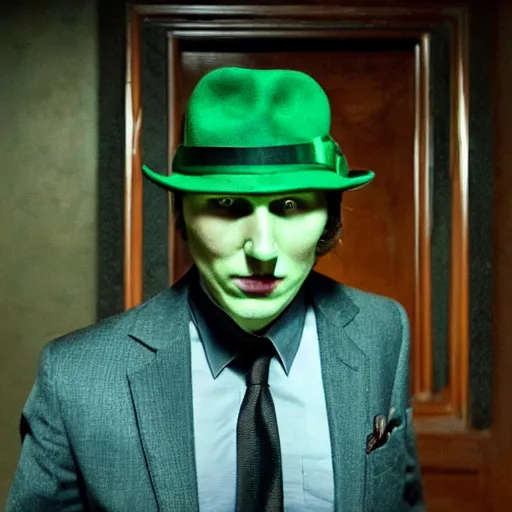 Image similar to film still of Paul Dano as Riddler in a green suit and tie and green fedora in a dark room in The Batman, 4k, dark lighting!!!!, film noir, grainy, dark tone
