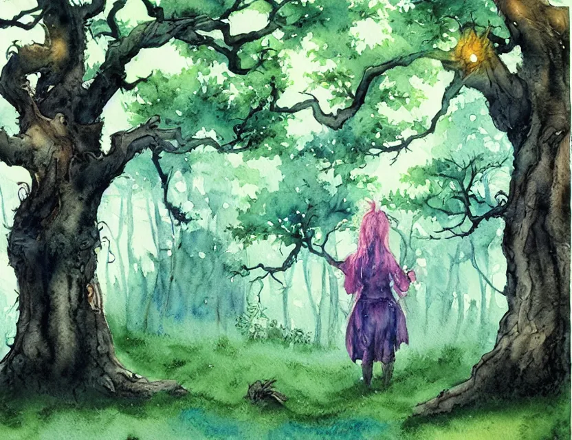 Image similar to lost forest spirit in an orchard. this watercolor painting by the award - winning comic artist has dramatic lighting, an interesting color scheme and great sense of depth.