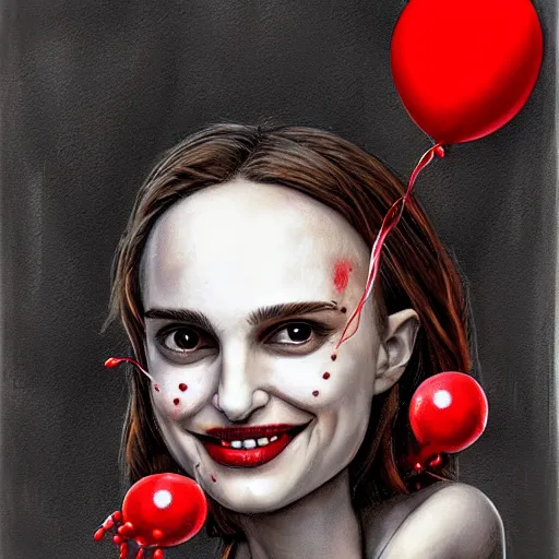 Image similar to surrealism grunge cartoon portrait sketch of natalie portman with a wide smile and a red balloon by - michael karcz, loony toons style, freddy krueger style, horror theme, detailed, elegant, intricate