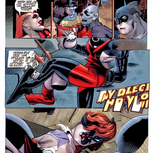 Image similar to harley quinn hitting batman on the head with a baseball bat