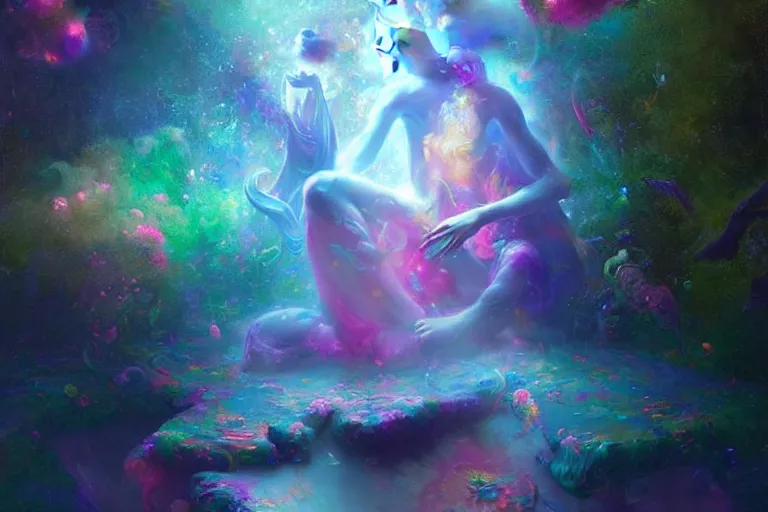 Image similar to a psychedelic realm hidden away in a pocket of ethereal knowledge | astral beings sharing love greg rutkowski wlop lisa frank bob ross | ruan jia | illustration