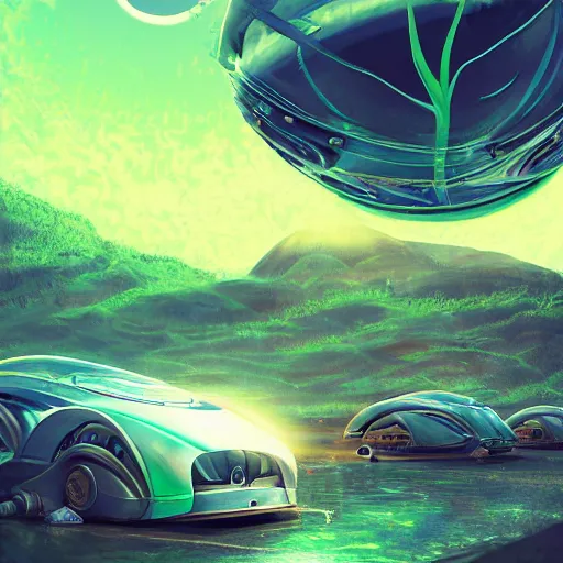 Image similar to solarpunk hovercar, clean energy, green technology, batoidea shape, airspace, sunny day, futurism, intricate, engines, glow, highly detailed, peaceful, utopia, bright, digital painting, artstation, concept art, smooth, sharp focus, epic landscape, art by akihiko yoshida and tim mcburnie and anato finnstark