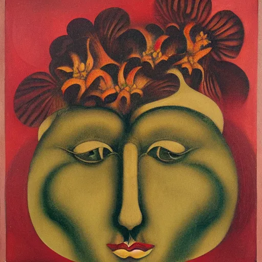 Image similar to floral face portrait by leonetto cappiello and wojciech siudmak and ernst fuchs, anni albers, oil on canvas