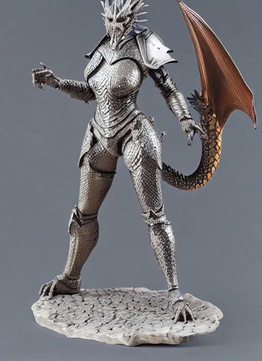 Image similar to 80mm, resin detailed model figure of a female wearing a silver dragon armor