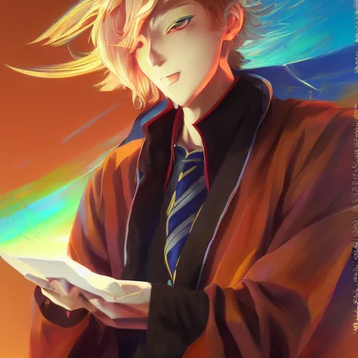 Prompt: anime portrait of a male Wizard holding on to their explosive papers, vibrant colors, by Stanley Artgerm Lau, WLOP, Rossdraws, James Jean, Andrei Riabovitchev, Marc Simonetti, and Sakimichan, trending on artstation