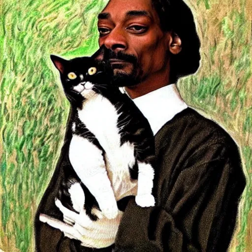 Prompt: Snoop Dogg holding a cat, by Claude Monet.