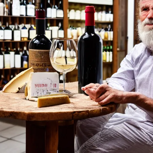 Image similar to photograph of a frenchman seated at a table with a bottle of wine and a cheese in 2 0 2 0. in color, 5 0 mm