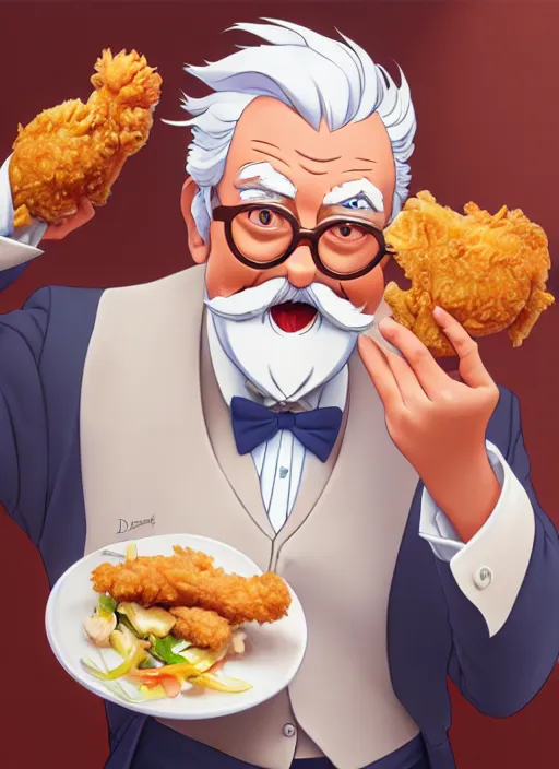 Prompt: cute colonel sanders eating fried chicken, natural lighting, path traced, highly detailed, high quality, digital painting, by don bluth and ross tran and studio ghibli and alphonse mucha, artgerm