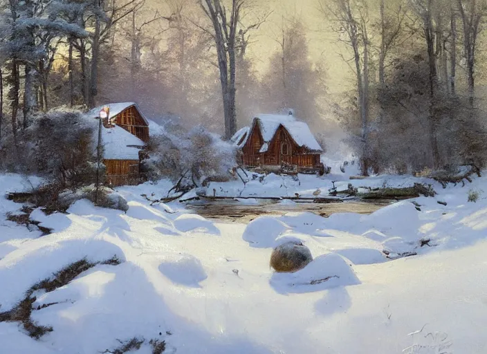 Image similar to oil painting, snow blizzard in woodland meadow, log cabin, smoke billowing from chimney, water stream, water wheel, mystic crooked trees, breeze, detailed art by anders zorn, wonderful masterpiece by greg rutkowski, beautiful cinematic light, american romanticism by greg manchess, creation by tyler edlin