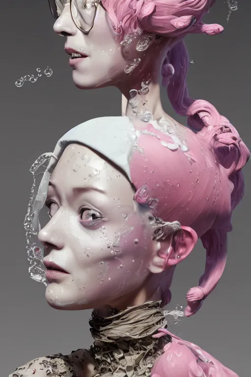 Image similar to an epic non - binary model, subject made of white cracked porcelain with oozing bubbles bursting out, delicate, beautiful, intricate, with pastel pink highlights, melting, houdini sidefx, by jeremy mann and ilya kuvshinov, jamie hewlett and ayami kojima, trending on artstation, bold 3 d