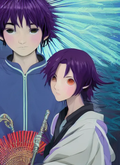 Image similar to teenager boy with straight indigo hair, purple eyes with red eye markers, slim body, wearing a detailed Japanese kimono with golden armpieces, holding a pair of fans. rich vivid colors, ambient lighting, dynamic lighting, 4k, official media, anime key visual, makoto shinkai, ilya kuvshinov, lois van baarle, rossdraws, detailed, trending on artstation