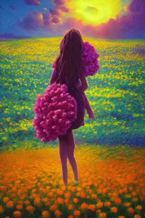 Image similar to giant flower head, girl walking in a flower field, surreal photography, sunrise, dramatic light, impressionist painting, colorful clouds, digital painting, artstation, simon stalenhag