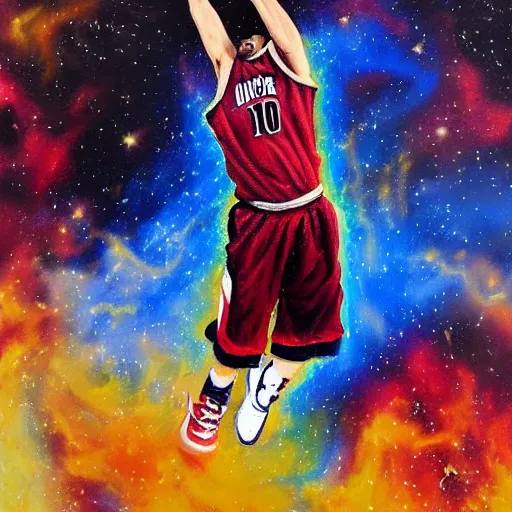 Image similar to An expressive oil painting of a basketball player dunking, depicted as an explosion of a nebula