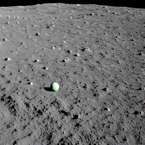 Prompt: a photo of a green soccer pitch on the moon, extreme long shot, photorealistic