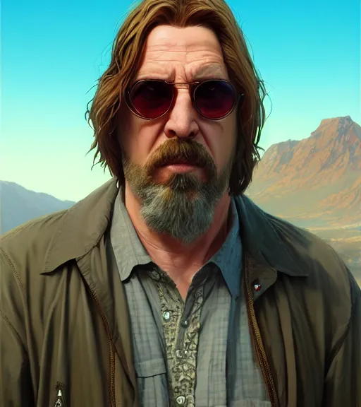 Prompt: highly detailed portrait of the dude from the big lebowski in gta v, stephen bliss, unreal engine, fantasy art by greg rutkowski, loish, rhads, ferdinand knab, makoto shinkai and lois van baarle, ilya kuvshinov, rossdraws, tom bagshaw, global illumination, radiant light, detailed and intricate environment